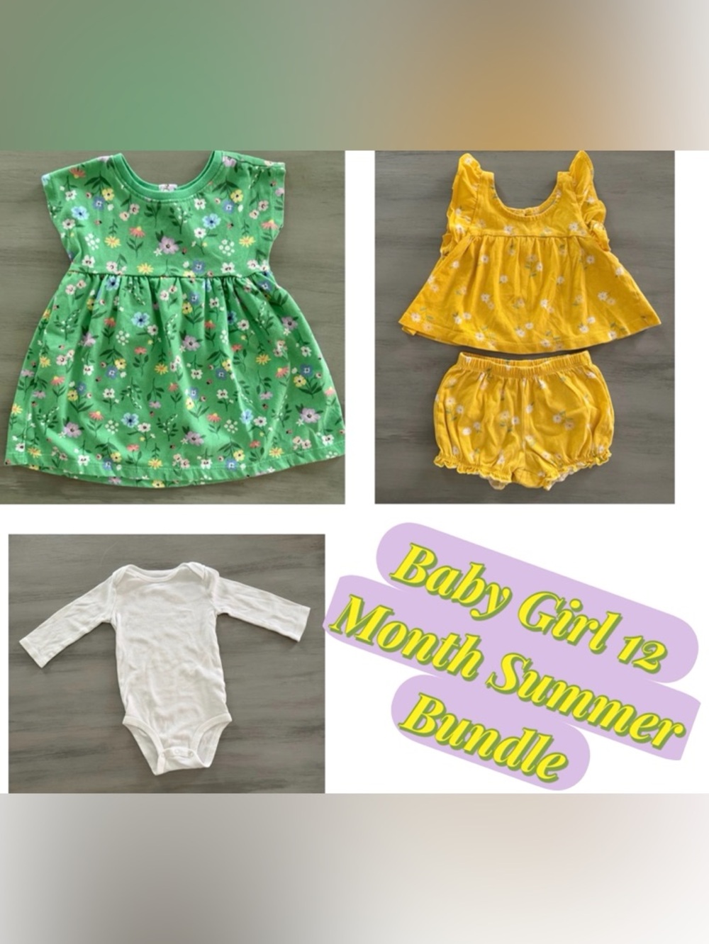 Baby Girl 12 M Summer Bundle. Carters, Garanimals. Dress, Top & Shorts, Bodysuit